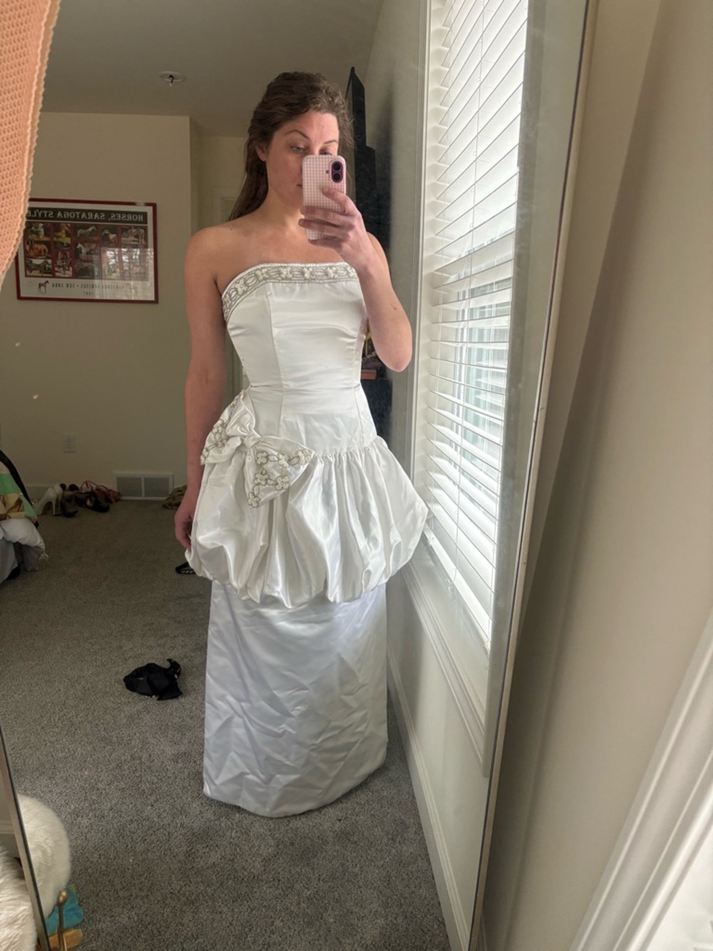Strapless White Formal Gown with Beaded Trim and Bubble Peplum